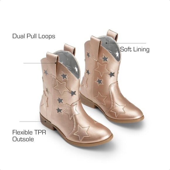 Girls Golden Cowgirl Boots Mid Calf Western Star Glitter Cowboy Riding Shoes - Picture 3 of 5